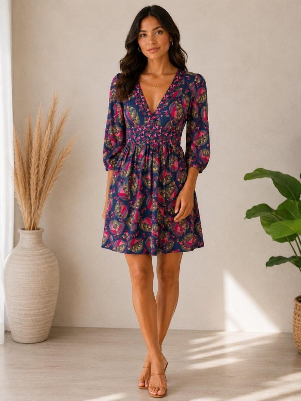 Kimchi Blue XS Boho Floral Print V Neck 3/4 Sleeve Fit Flare Mini Dress Women's